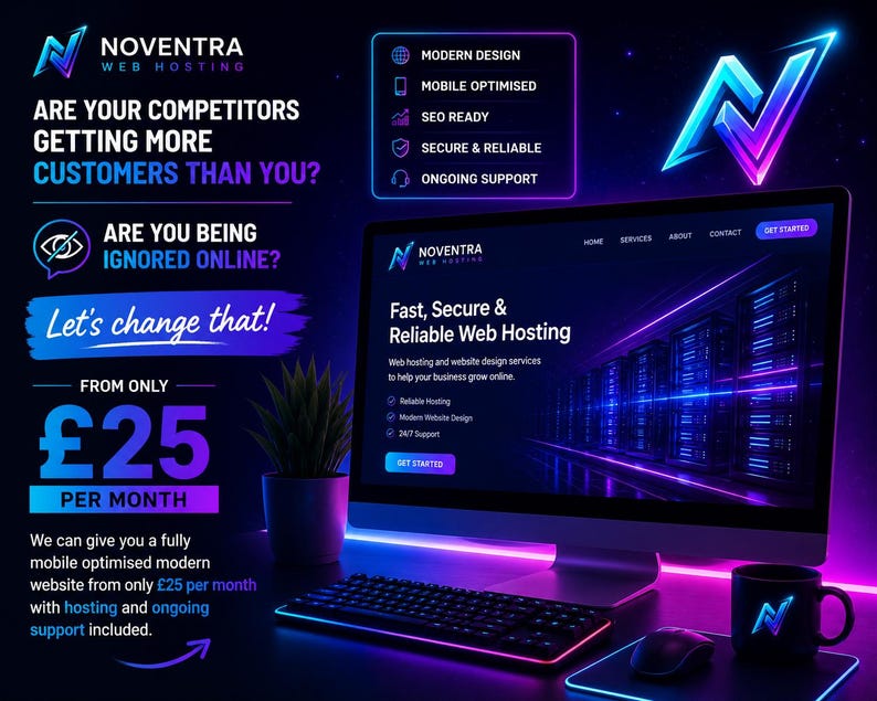 Puede incluir: Imagen promocional de Noventra Web Hosting. La imagen presenta un monitor de computadora que muestra un dise&ntilde;o de sitio web, un teclado, un mouse y una taza. El texto incluye "Dise&ntilde;o moderno" y "Alojamiento web r&aacute;pido, seguro y confiable". El esquema de color es azul y morado.