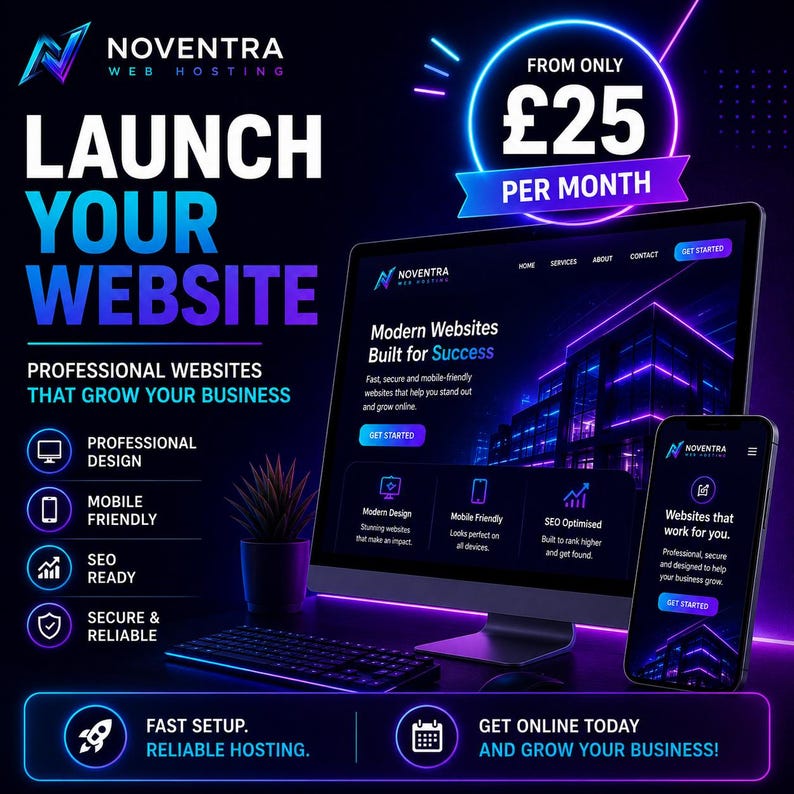 Puede incluir: Gr&aacute;fico promocional de Noventra Web Hosting, con un monitor de ordenador y un smartphone que muestran un dise&ntilde;o web. El texto incluye "Lanza tu sitio web" y "Sitios web profesionales que hacen crecer tu negocio".