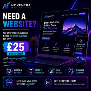 Puede incluir: Un anuncio de Noventra Web Hosting, con un port&aacute;til y un smartphone que muestran dise&ntilde;os de sitios web. El texto incluye "&iquest;Necesita un sitio web?" y "Sitios web inteligentes creados para hacer crecer su negocio". El dise&ntilde;o es en tonos morados y azules.