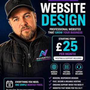 Puede incluir: Imagen publicitaria de servicios de dise&ntilde;o web. La imagen presenta a un hombre con chaqueta y gorra negras, con el texto "PROFESSIONAL WEBSITE DESIGN" en letras grandes. El texto tambi&eacute;n incluye "A partir de 25 &pound; al mes".