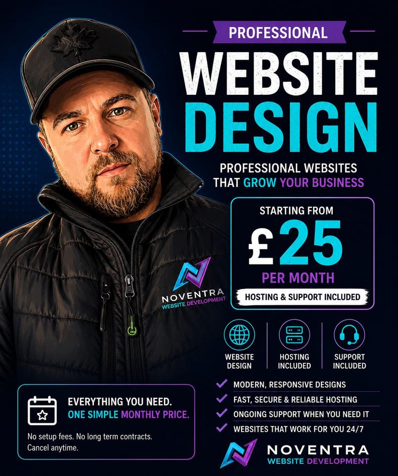 Puede incluir: Imagen publicitaria de servicios de dise&ntilde;o web. La imagen presenta a un hombre con chaqueta y gorra negras, con el texto "PROFESSIONAL WEBSITE DESIGN" en letras grandes. El texto tambi&eacute;n incluye "A partir de 25 &pound; al mes".