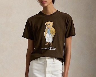 Camiseta con estampado de oso / Camiseta de algodón de cuello redondo estilo vintage