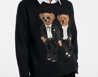 Jersey de punto con estampado de oso / Prenda informal suave, cálida y cómoda