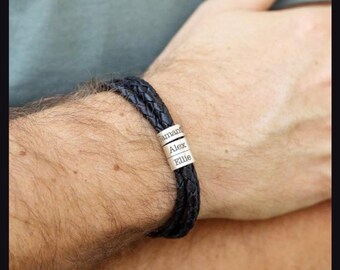 Pulsera de cuero personalizada, cuentas con nombre grabado, joyería personalizada para hombre, regalo para el Día del Padre