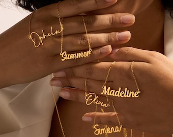Collar con nombre personalizado, plata de ley chapada en oro de 18 quilates, joyería minimalista personalizada.