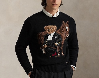 Jersey de punto con estampado de oso / Top de invierno de cuello redondo y cómodo