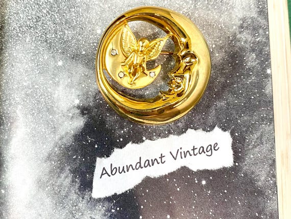 Vintage Crescent Moon Brooch, Angel & Man in the Moon 90s-2000s New Old Stock Pin, Designer 18kt Gold Plated Costume Jewelry View 5