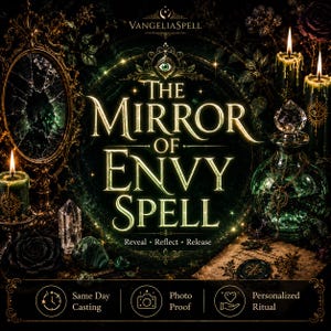Può includere: Un grafico digitale intitolato The Mirror of Envy Spell di VangeliaSpell con uno specchio ornato incrinato, candele verdi, una bottiglia di vetro e cristalli. Il testo recita Reveal, Reflect, Release, Same Day Casting, Photo Proof, Personalized Ritual.