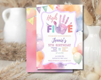 May include: A watercolor-style birthday invitation with a 'High Five' theme. The invitation features a handprint, balloons, and the text 'Jennie's 5th Birthday'. The color palette includes pink, purple, orange, and blue.
