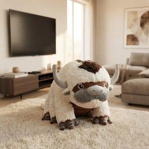 May include: A plush toy resembling a large, furry creature with cream-colored fur, a brown arrow-shaped marking on its head, and a gray snout. It features two curved horns, small ears, and dark eyes, with brown fur on its underside and paws.