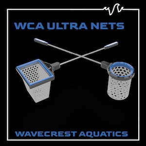 May include: Two aquatic nets with blue and white accents are crossed against a black background. The text "WCA ULTRA NETS" and "WAVECREST AQUATICS" are displayed in blue. The nets have long handles and perforated net baskets.