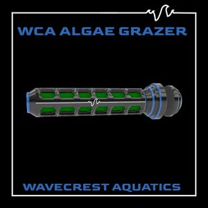 May include: A black and green algae grazer with blue accents. The product has a cylindrical shape with a series of rectangular openings. The text "WCA ALGAE GRAZER" and "WAVECREST AQUATICS" are displayed in blue.