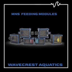 May include: An image of several MNS Feeding Modules by Wavecrest Aquatics. The modules are rectangular, with clear sides and blue frames. Some modules contain dark material, while others have red or blue inserts, and one has a yellow honeycomb structure.