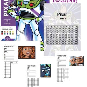 Könnte beinhalten: Ein digitaler Ausmal-Tracker als PDF mit Pixar-Figuren wie Buzz Lightyear, Merida und Charakteren aus Oben. Das Dokument enthält nummerierte Raster von 1 bis 100, Sternebewertungsbereiche sowie Felder für Start, Ende, Seite und Marker zur Fortschrittskontrolle.