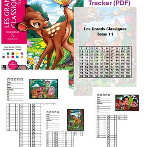 Op de afbeelding: Een digitale kleurplaat-tracker PDF met een Bambi-illustratie met een vlinder, een genummerd raster van 1 tot 100, en meerdere trackingbladen met sterbeoordelingen, paginanummers en checklists voor markers om kleurvoortgang bij te houden.