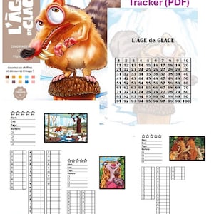 Op de afbeelding: Een digitale kleurplaat-tracker PDF met Ice Age-personages, waaronder Scrat op een eikel, een genummerd raster van 1 tot 100, en volglijsten met sterbeoordelingen, selectievakjes en lijsten met letters voor het bijhouden van de voortgang.