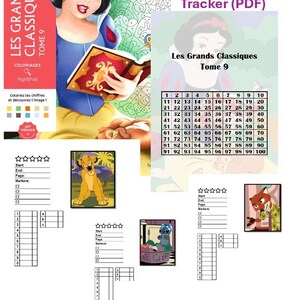 May include: A digital colouring page tracker PDF featuring Snow White on the cover with the text Les Grands Classiques Tome 9. The document includes numbered grids from 1 to 100, star rating sections, and small character illustrations of Simba, Stitch, and Nick Wilde.