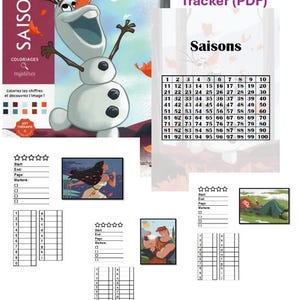 May include: A digital colouring page tracker PDF featuring Disney characters including Olaf, Pocahontas, Hercules, and Merida. The document includes a numbered grid from 1 to 100, sections for start and end dates, page numbers, and marker checklists for tracking progress.
