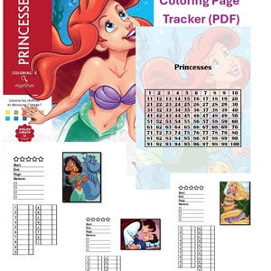 Può includere: Un PDF digitale per il monitoraggio delle pagine da colorare con le principesse Disney, tra cui Ariel, Jasmine e Rapunzel. Il documento contiene una griglia numerata da 1 a 100, sezioni di valutazione a stelle e campi per date e marcatori.