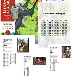 May include: A digital colouring page tracker PDF featuring a Disney Les Grands Classiques cover with Rafiki holding Simba, a numbered grid from 1 to 100, and multiple project log sections with star ratings, page numbers, and character illustrations.