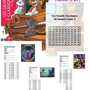 May include: A digital colouring page tracker PDF featuring Disney characters including cats at a piano, a numbered grid from 1 to 100, and sections for tracking start and end dates, page numbers, and markers used, with small character illustrations.
