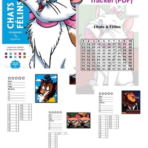 May include: A digital colouring page tracker featuring Disney cat characters including Marie, a lion, and Siamese cats. The document includes numbered grids from 1 to 100, star rating sections, and fields for start date, end date, page number, and markers used.