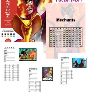 May include: A digital coloring page tracker featuring Disney Villains, including Jafar and a cobra. The document includes a numbered grid from 1 to 100, labeled 'Mechants', and several smaller tracking sheets with star ratings, numbered lists, and character illustrations.