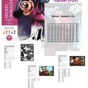 May include: A digital coloring page tracker PDF featuring Mickey, Donald & Co. The document includes a numbered grid from 1 to 100, character illustrations of Mickey Mouse and Clarabelle Cow, and sections to record start and end dates, page numbers, and markers used.