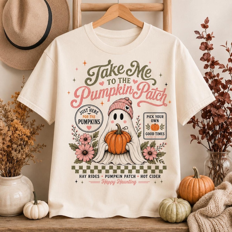 May include: A cream-colored t-shirt featuring a graphic of a ghost wearing a pink beanie and holding an orange pumpkin. The text reads Take Me To The Pumpkin Patch, Just Here For The Pumpkins, Pick Your Own Good Times, Hay Rides, and Happy Haunting.