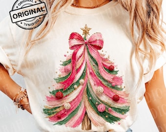 Diseño de árbol coqueto, árbol de Navidad rosa PNG, sublimación navideña en acuarela, árbol de Navidad femenino PNG, Navidad preppy PNG, árbol de Navidad PNG