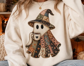 Coffee Ghost Png Patchwork Ghost Png Retro Vintage Ghost Halloween Png Boho Fall Shirt Design Gingham Ghost Sublimation Spooky Season Png