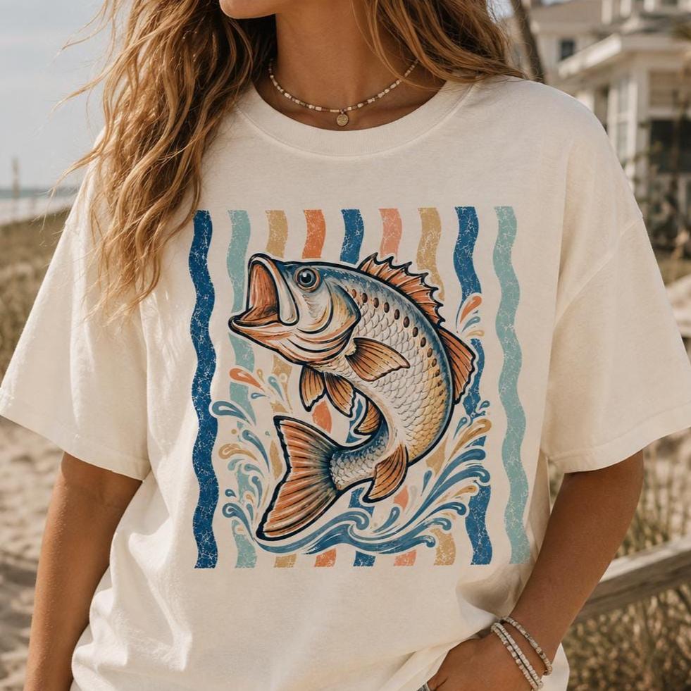 Pez lubina retro PNG Pesca costera PNG Diseño de camisa de verano estilo preppy Lake Sublimación de lubina de boca grande Pez vintage Descarga digital