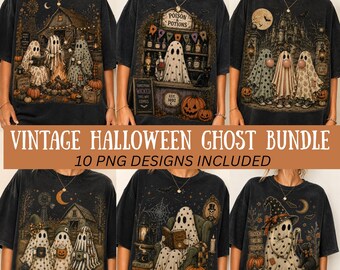Paquete de imágenes PNG de Halloween, diseños de fantasmas retro vintage, sublimación de temporada de Halloween estilo granja, PNG para camisetas de Halloween, descarga digital de Halloween