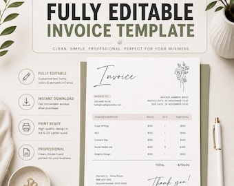Modern Minimalist Invoice Template Small Business Custom Editable Shop Invoice Professional Billing Form Instant Download PDF Edit In Canva