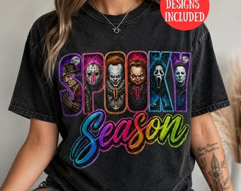 PNG de Halloween retro, PNG de temporada espeluznante, diseño de camiseta de personajes de terror, sublimación de película de miedo, PNG de terror neón