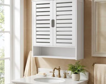 Armoire murale blanche à portes à lattes | Meuble de rangement de salle de bain en bois | Organisateur mural style ferme moderne