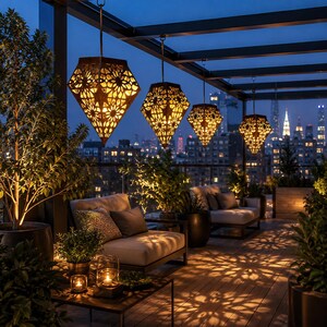 May include: Four geometric hanging lanterns with intricate star-shaped cutouts emit a warm, golden glow. The metal fixtures feature a dark finish and are suspended from a pergola structure, casting patterned light shadows across the wooden deck.