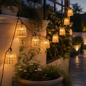 Può includere: Una catena luminosa da esterno con paralumi a forma di campana in rattan intrecciato di colore beige naturale. Ogni paralume contiene una lampadina a luce calda, sospesa lungo un cavo nero, che diffonde una delicata illuminazione.