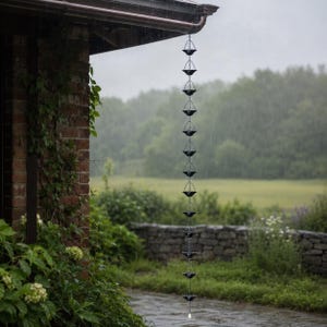Op de afbeelding: Een zwarte metalen regenketting bestaande uit een verticale reeks kleine, komvormige bakjes die met elkaar verbonden zijn door dunne kettingen. De regenketting hangt aan de dakgoot en geleidt het water naar beneden op een regenachtige dag.