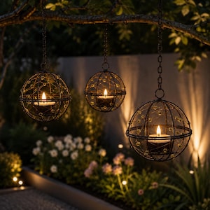 Peut inclure: Trois bougeoirs sphériques suspendus avec des bougies allumées. Les supports sont en métal sombre et ornés de petites perles de couleur jaune. Ils sont suspendus à une branche d'arbre par des chaînes, créant une ambiance chaleureuse et accueillante.