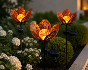 Lámpara solar de jardín con forma de loto, farol de metal con forma de flor y cristal craquelado, decoración para patio exterior.