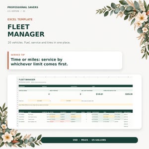 Pode incluir: Um modelo digital de Excel para gestão de frotas intitulado Professional Savers Fleet Manager U.S. Edition. O layout inclui um painel para rastrear 20 veículos, combustível, serviço e pneus, com uma dica de serviço técnico incluída.