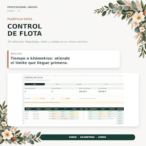 May include: An Excel fleet management template titled CONTROL DE FLOTA with sections for 20 vehicles, fuel logs, maintenance, and tyres. The document includes a dashboard with vehicle status, costs in euros, and a tip about tracking time or kilometres.