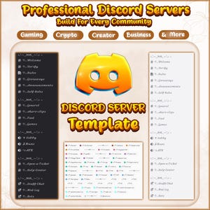 Könnte beinhalten: Eine digitale Vorlage für Discord-Server mit dem gelben Discord-Logo, dem Text Professional Discord Servers Build For Every Community und Listen von Kanalnamen im dunklen und hellen Modus mit verschiedenen Rollensymbolen.