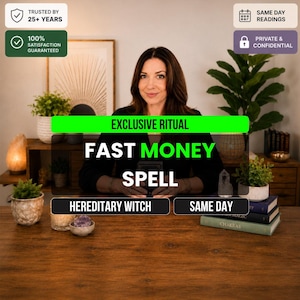 May include: A person with long brown hair sits at a wooden desk with text overlays reading EXCLUSIVE RITUAL FAST MONEY SPELL, HEREDITARY WITCH, and SAME DAY. The desk features potted plants, a salt lamp, crystals, and stacked books.