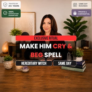 May include: A person with long brown hair sits behind a wooden desk. Text overlays read: EXCLUSIVE RITUAL, MAKE HIM CRY & BEG SPELL, HEREDITARY WITCH, SAME DAY. The desk features small potted plants, a salt lamp, crystals, and stacked books.