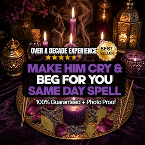 Puede incluir: Una vela morada sobre una bandeja dorada con pétalos de rosa secos, hojas de laurel y lavanda. El texto dice: OVER A DECADE EXPERIENCE, BEST SELLER, MAKE HIM CRY & BEG FOR YOU SAME DAY SPELL, 100% Guaranteed + Photo Proof. Cinco estrellas amarillas.
