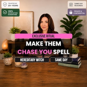 May include: A person sits at a wooden desk with a sign that reads EXCLUSIVE RITUAL MAKE THEM CHASE YOU SPELL HEREDITARY WITCH SAME DAY. The desk features potted plants, a salt lamp, a small bowl with a crystal, and books titled Magic and Chakras.