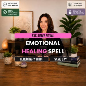 May include: A digital graphic featuring a person behind a wooden desk with text that reads EXCLUSIVE RITUAL EMOTIONAL HEALING SPELL, HEREDITARY WITCH, and SAME DAY. The image includes icons for trusted service, satisfaction, and confidential readings.