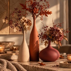 Peut inclure: Trois vases en céramique de formes et tailles variées, comprenant un grand vase terracotta élancé, un vase crème plus court et effilé, et un vase rouge foncé arrondi, contenant chacun des feuillages d'automne, des baies et des hortensias.